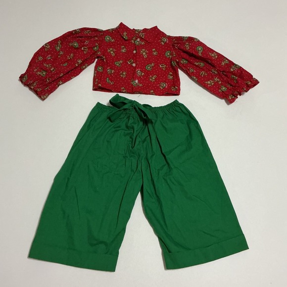 Vintage Christmas Outfit Set Red Teddy Bear Top Green Pants Kidcore Aesthetic - Picture 1 of 8